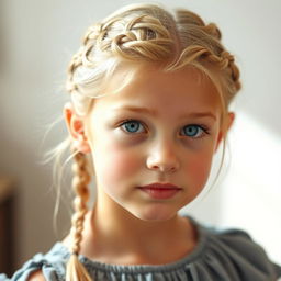 A portrait of a teenage girl with blond hair styled in tiny scattered braids