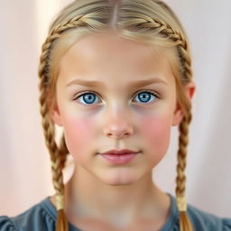 A portrait of a teenage girl with blond hair styled in tiny scattered braids