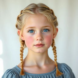 A portrait of a teenage girl with blond hair styled in tiny scattered braids