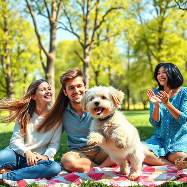 A joyful scene in a sunny park where a teenage girl with long, flowing hair is laughing and playing with her small, fluffy white dog