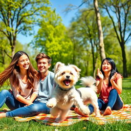 A joyful scene in a sunny park where a teenage girl with long, flowing hair is laughing and playing with her small, fluffy white dog
