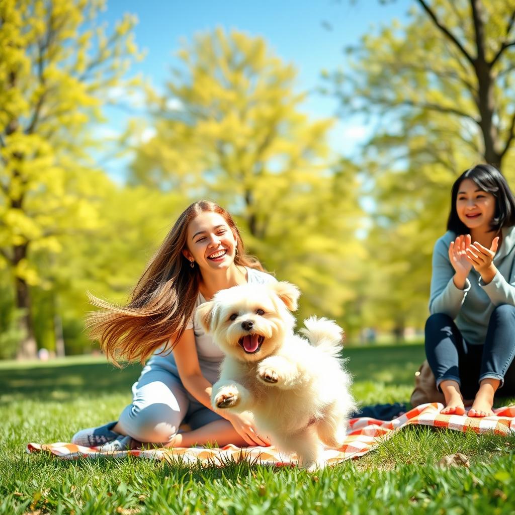 A joyful scene in a sunny park where a teenage girl with long, flowing hair is laughing and playing with her small, fluffy white dog