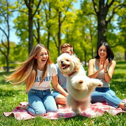 A joyful scene in a sunny park where a teenage girl with long, flowing hair is laughing and playing with her small, fluffy white dog