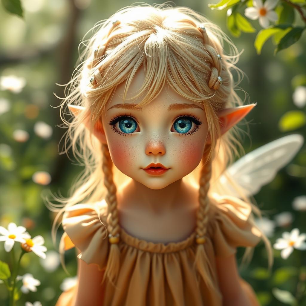 A whimsical pixie-like girl with enchanting features, showcasing luscious blond hair adorned with tiny braids scattered throughout