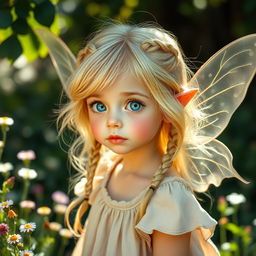 A whimsical pixie-like girl with enchanting features, showcasing luscious blond hair adorned with tiny braids scattered throughout