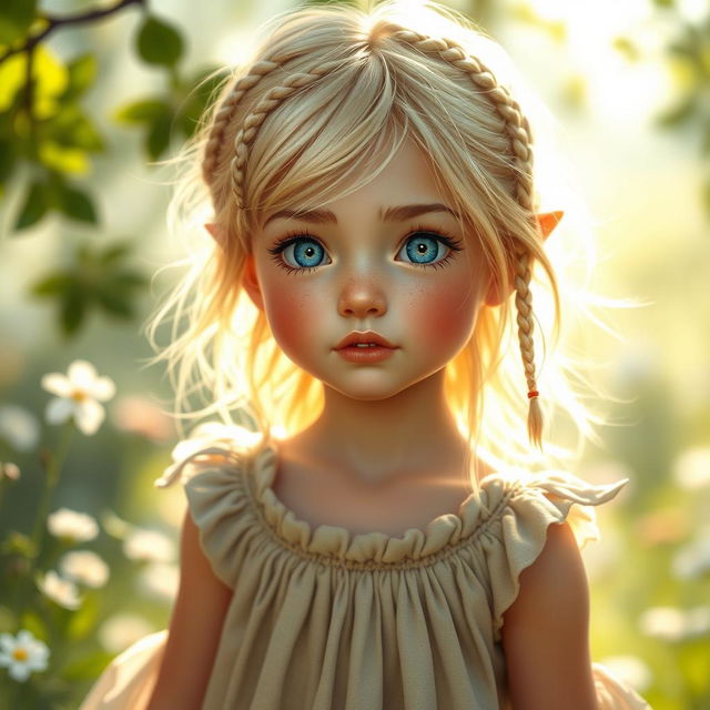 A whimsical pixie-like girl with enchanting features, showcasing luscious blond hair adorned with tiny braids scattered throughout