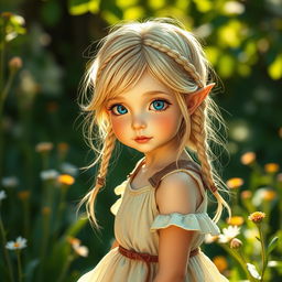 A whimsical pixie-like girl with enchanting features, showcasing luscious blond hair adorned with tiny braids scattered throughout