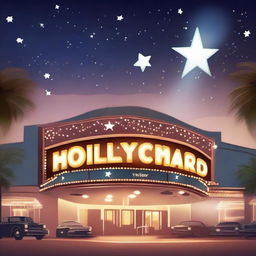 Animated, twinkling star-filled night sky over Hollywood, with bright spotlights sweeping across the scene and a dazzling, illuminated marquee in the foreground