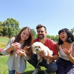 A lively park scene featuring a cheerful teenage girl with long hair, engaging in playful activities with her small, fluffy white dog