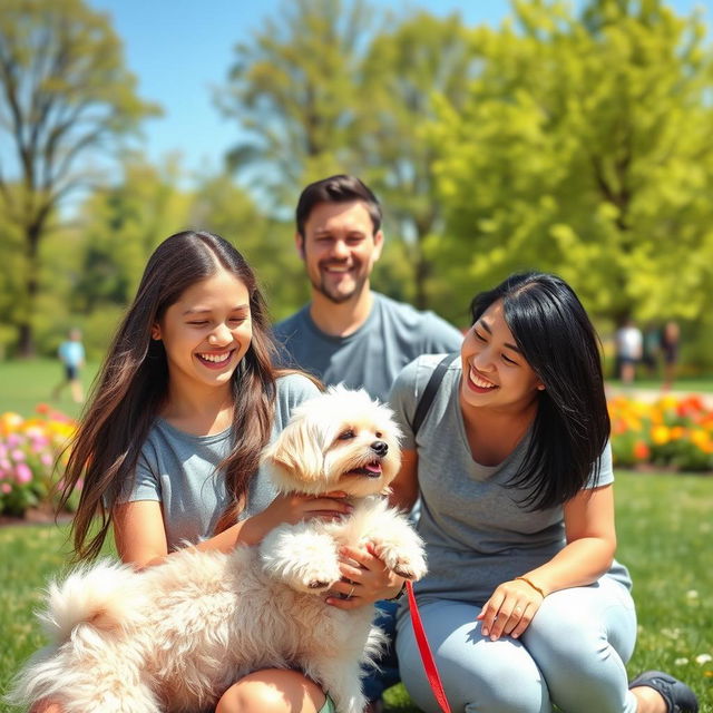 A lively park scene featuring a cheerful teenage girl with long hair, engaging in playful activities with her small, fluffy white dog