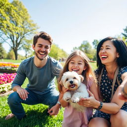 A lively park scene featuring a cheerful teenage girl with long hair, engaging in playful activities with her small, fluffy white dog