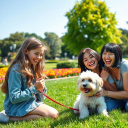 A lively park scene featuring a cheerful teenage girl with long hair, engaging in playful activities with her small, fluffy white dog