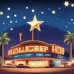 Animated, twinkling star-filled night sky over Hollywood, with bright spotlights sweeping across the scene and a dazzling, illuminated marquee in the foreground