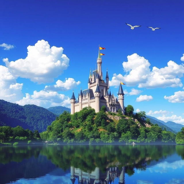 A majestic castle set atop a high hill, surrounded by lush green forests and a vibrant blue sky