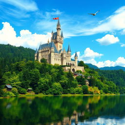 A majestic castle set atop a high hill, surrounded by lush green forests and a vibrant blue sky