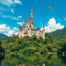 A majestic castle set atop a high hill, surrounded by lush green forests and a vibrant blue sky