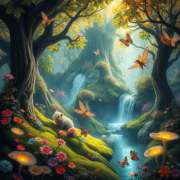 A breathtaking scenic fantasy forest teeming with vibrant flora and mystical fauna