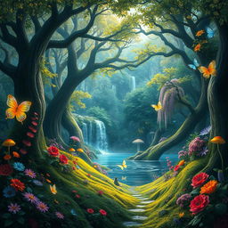 A breathtaking scenic fantasy forest teeming with vibrant flora and mystical fauna