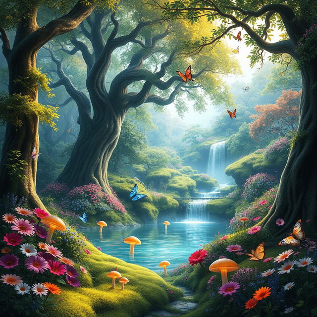 A breathtaking scenic fantasy forest teeming with vibrant flora and mystical fauna