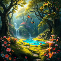 A breathtaking scenic fantasy forest teeming with vibrant flora and mystical fauna
