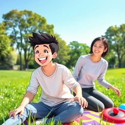 A joyful scene in a park featuring a teenager with a cheerful expression, playing with her young father who has short black hair