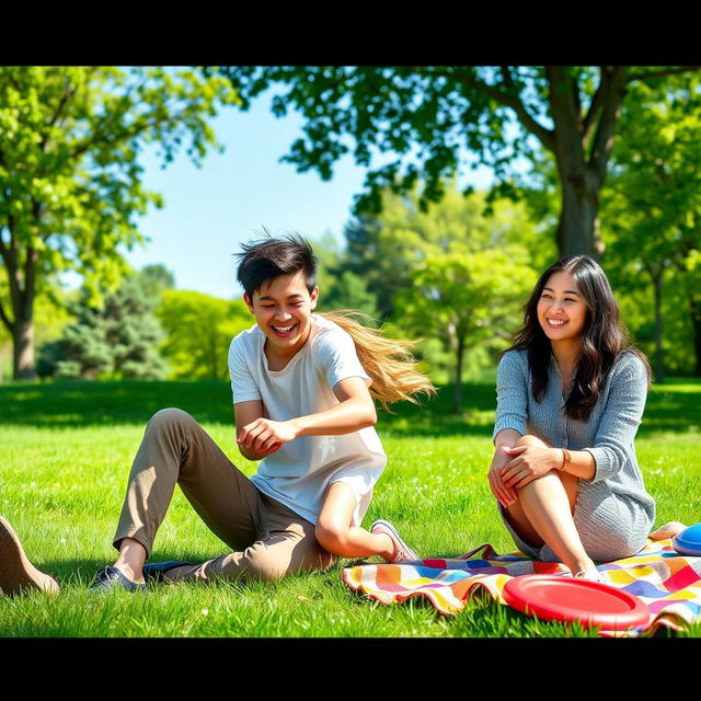 A joyful scene in a park featuring a teenager with a cheerful expression, playing with her young father who has short black hair