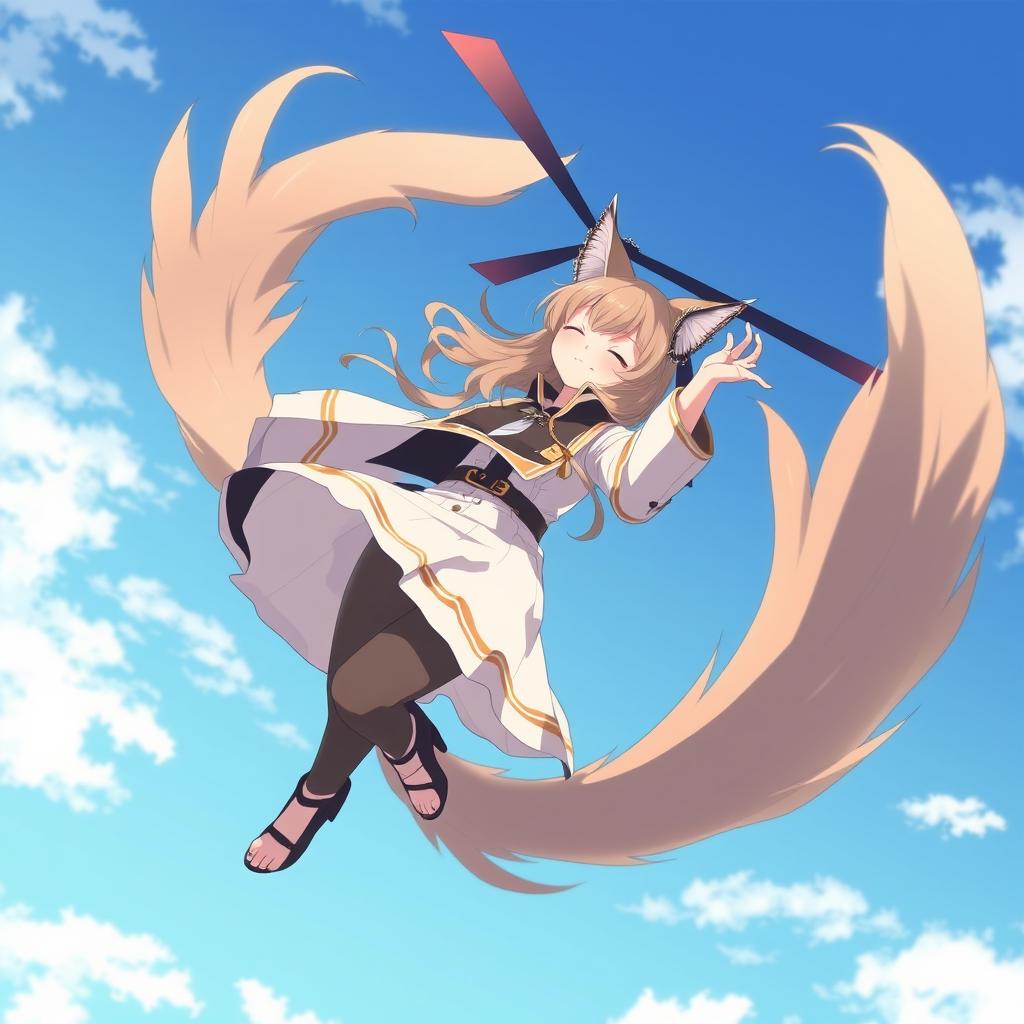 An anime-style medium shot of an adult cat girl with two tails twirling in the sky like a flying helicopter