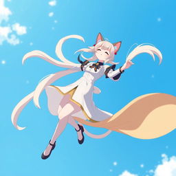 An anime-style medium shot of an adult cat girl with two tails twirling in the sky like a flying helicopter