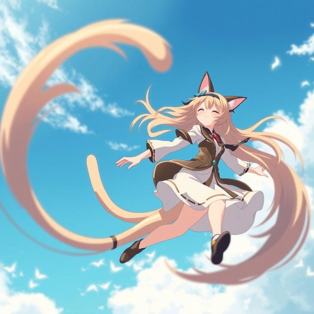 An anime-style medium shot of an adult cat girl with two tails twirling in the sky like a flying helicopter