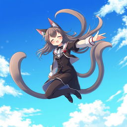 An anime-style medium shot of an adult cat girl with two tails twirling in the sky like a flying helicopter