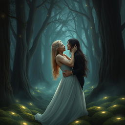 A romantic scene depicting a blonde man and a brunette woman embracing passionately in a dark, enchanted forest
