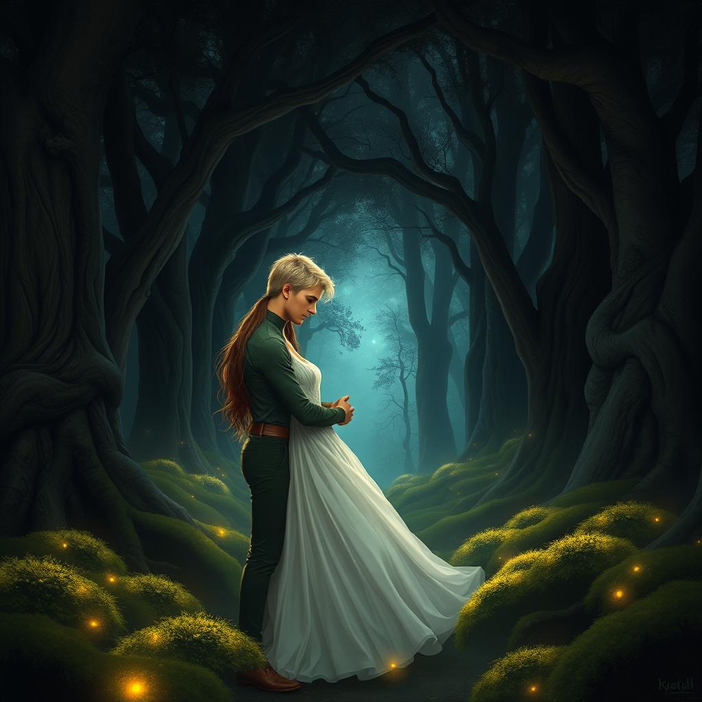 A romantic scene depicting a blonde man and a brunette woman embracing passionately in a dark, enchanted forest