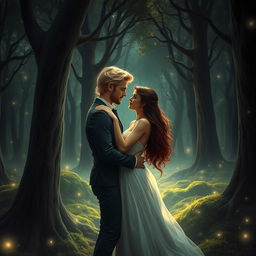 A romantic scene depicting a blonde man and a brunette woman embracing passionately in a dark, enchanted forest