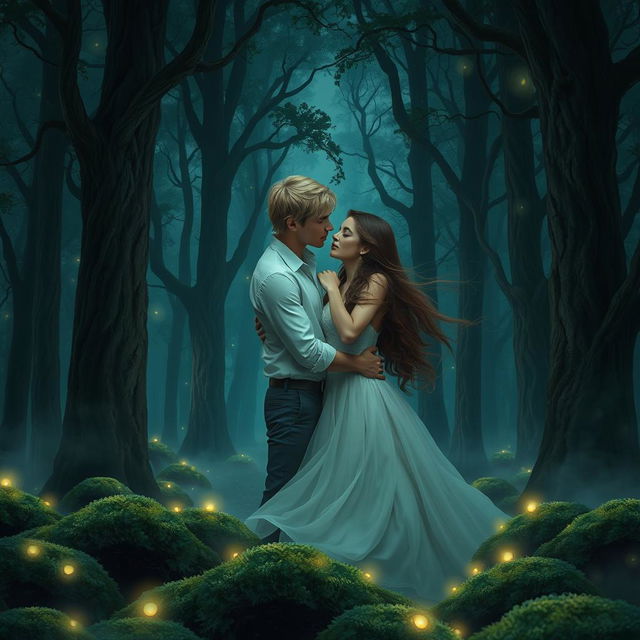 A romantic scene depicting a blonde man and a brunette woman embracing passionately in a dark, enchanted forest