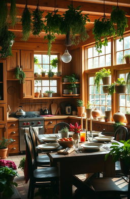 Ayla's Kitchen, a cozy and inviting culinary space filled with warm wooden cabinets, vibrant herbs hanging from the ceiling, and a rustic wooden dining table set for a family meal, sunlight streaming in through large windows, surrounded by potted plants, colorful ingredients scattered around, reflecting a homely and cheerful atmosphere