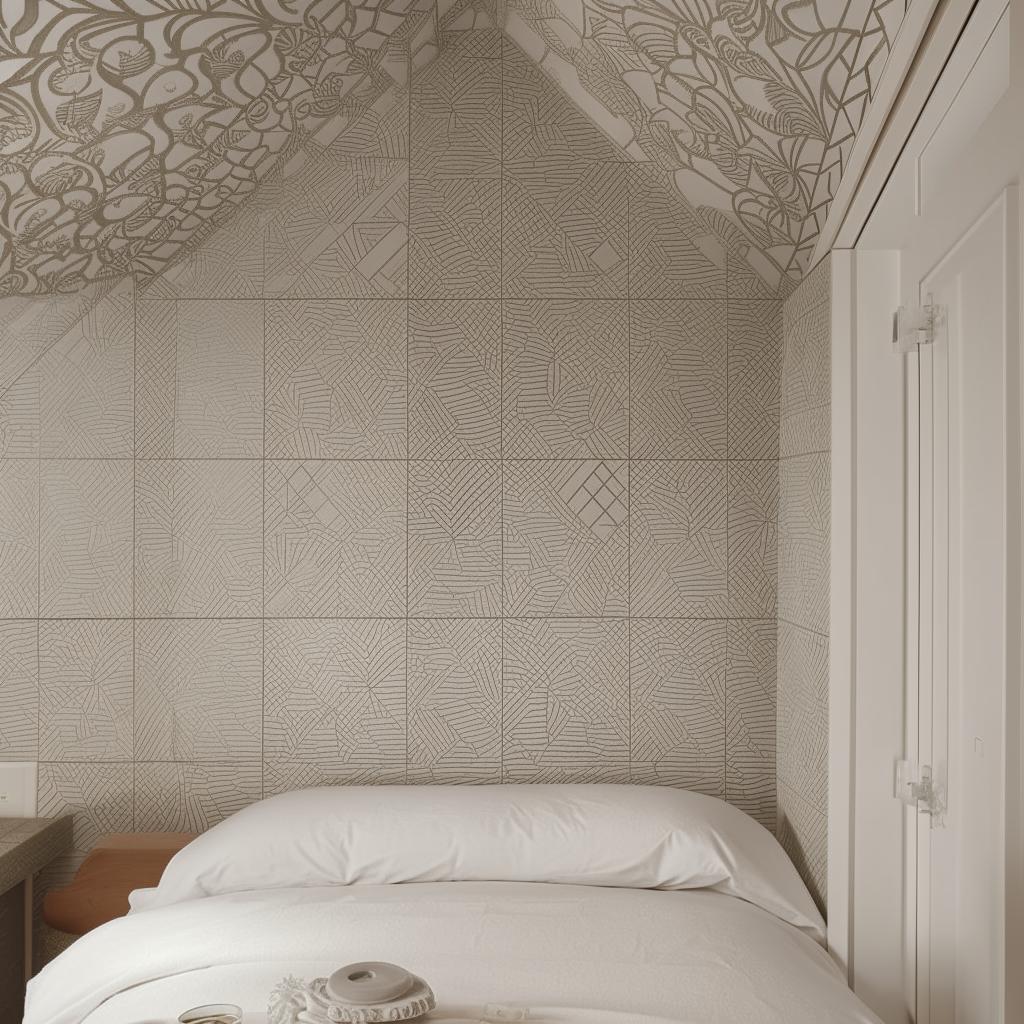 A 6x6 bedroom with detailed ceramic wall designs, exuding a stylish and refined aesthetic.