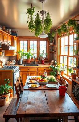 Ayla's Kitchen, a cozy and inviting culinary space filled with warm wooden cabinets, vibrant herbs hanging from the ceiling, and a rustic wooden dining table set for a family meal, sunlight streaming in through large windows, surrounded by potted plants, colorful ingredients scattered around, reflecting a homely and cheerful atmosphere
