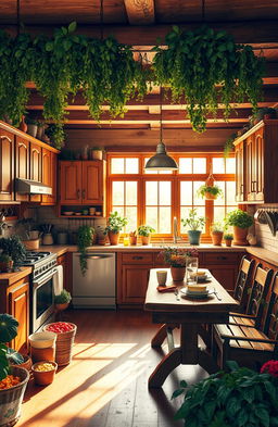 Ayla's Kitchen, a cozy and inviting culinary space filled with warm wooden cabinets, vibrant herbs hanging from the ceiling, and a rustic wooden dining table set for a family meal, sunlight streaming in through large windows, surrounded by potted plants, colorful ingredients scattered around, reflecting a homely and cheerful atmosphere