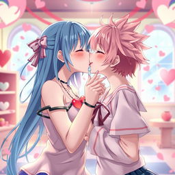 Two anime girls passionately kissing, with detailed expressions of love and desire