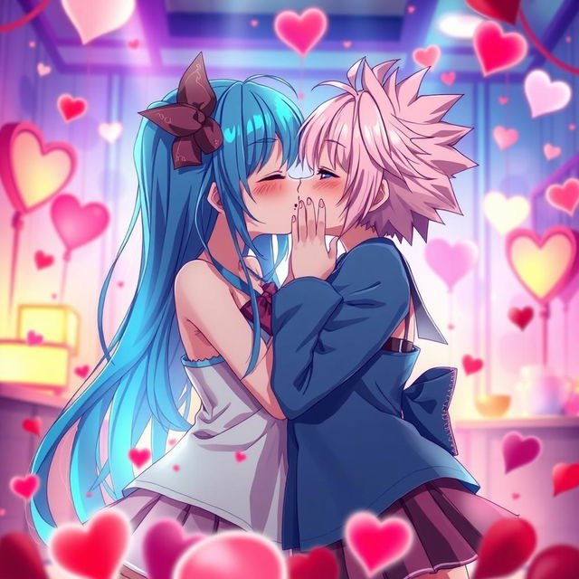 Two anime girls passionately kissing, with detailed expressions of love and desire