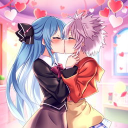 Two anime girls passionately kissing, with detailed expressions of love and desire