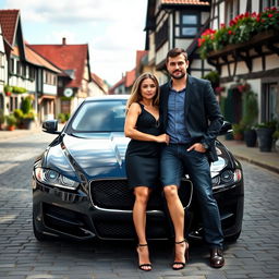 A young woman, 27 years old, elegantly dressed, standing confidently next to a rugged, unshaven man, 45 years old