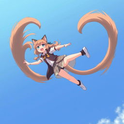 An anime-style medium shot of an adult cat girl with two tails twirling in the sky like a flying helicopter