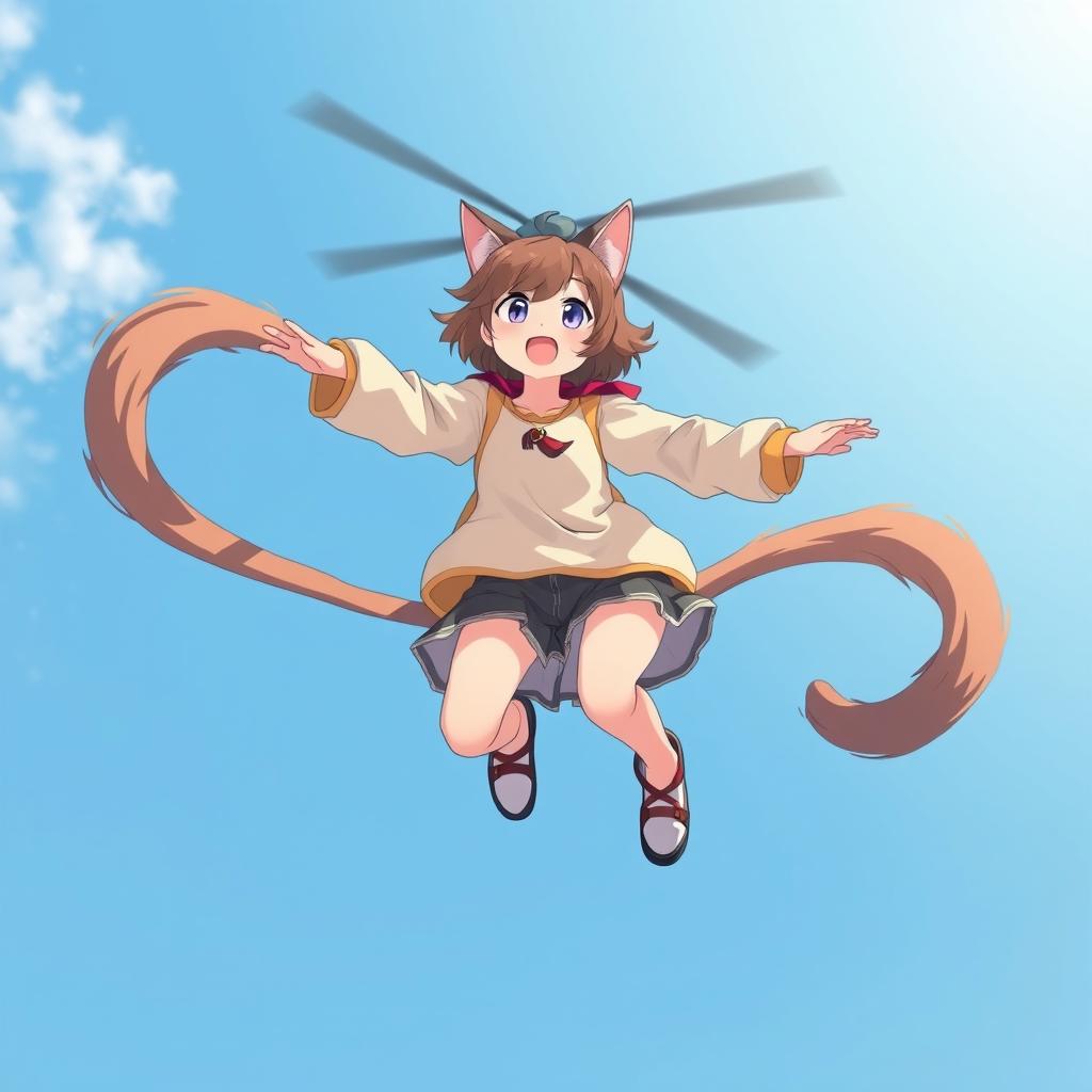 An anime-style medium shot of an adult cat girl with two tails twirling in the sky like a flying helicopter