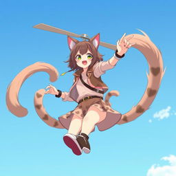 An anime-style medium shot of an adult cat girl with two tails twirling in the sky like a flying helicopter