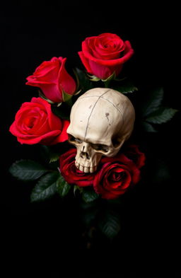 A striking composition featuring beautiful, vivid roses in shades of red and deep crimson, set against a jet-black background