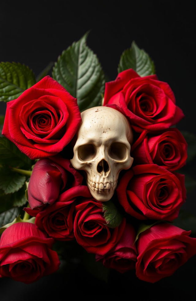 A striking composition featuring beautiful, vivid roses in shades of red and deep crimson, set against a jet-black background