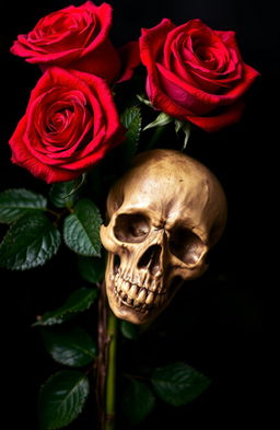 A striking composition featuring beautiful, vivid roses in shades of red and deep crimson, set against a jet-black background