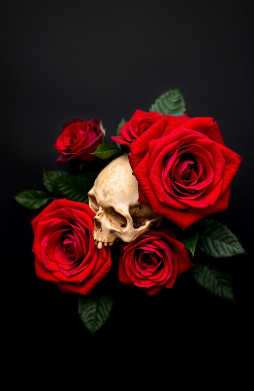 A striking composition featuring beautiful, vivid roses in shades of red and deep crimson, set against a jet-black background