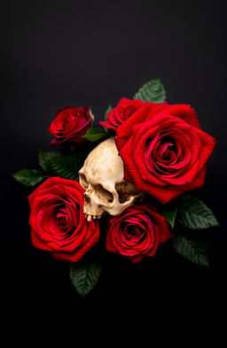 A striking composition featuring beautiful, vivid roses in shades of red and deep crimson, set against a jet-black background